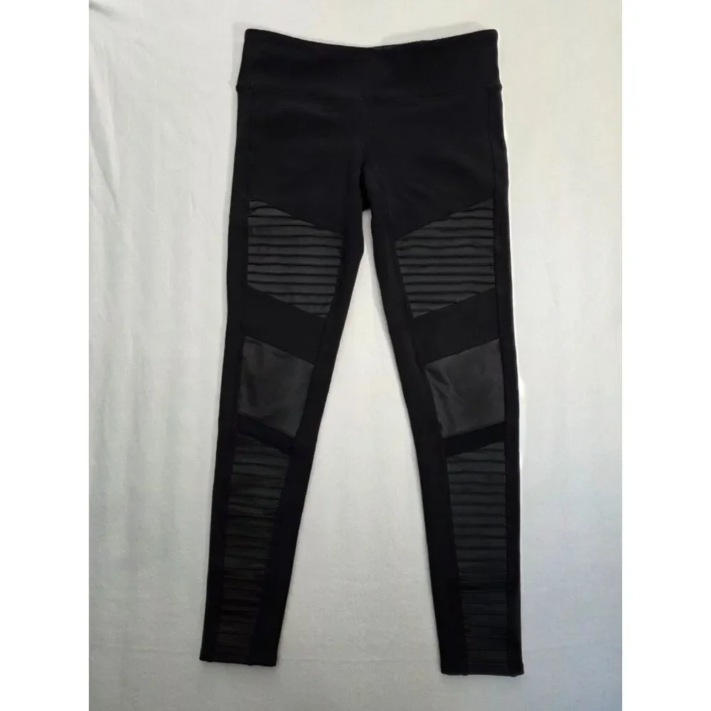 Alo Yoga Moto Leggings Black Ribbed Pintuck Mesh Panel Athleisure Women L